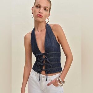 Reformation Denim Blue Lace-Up Halter Top
